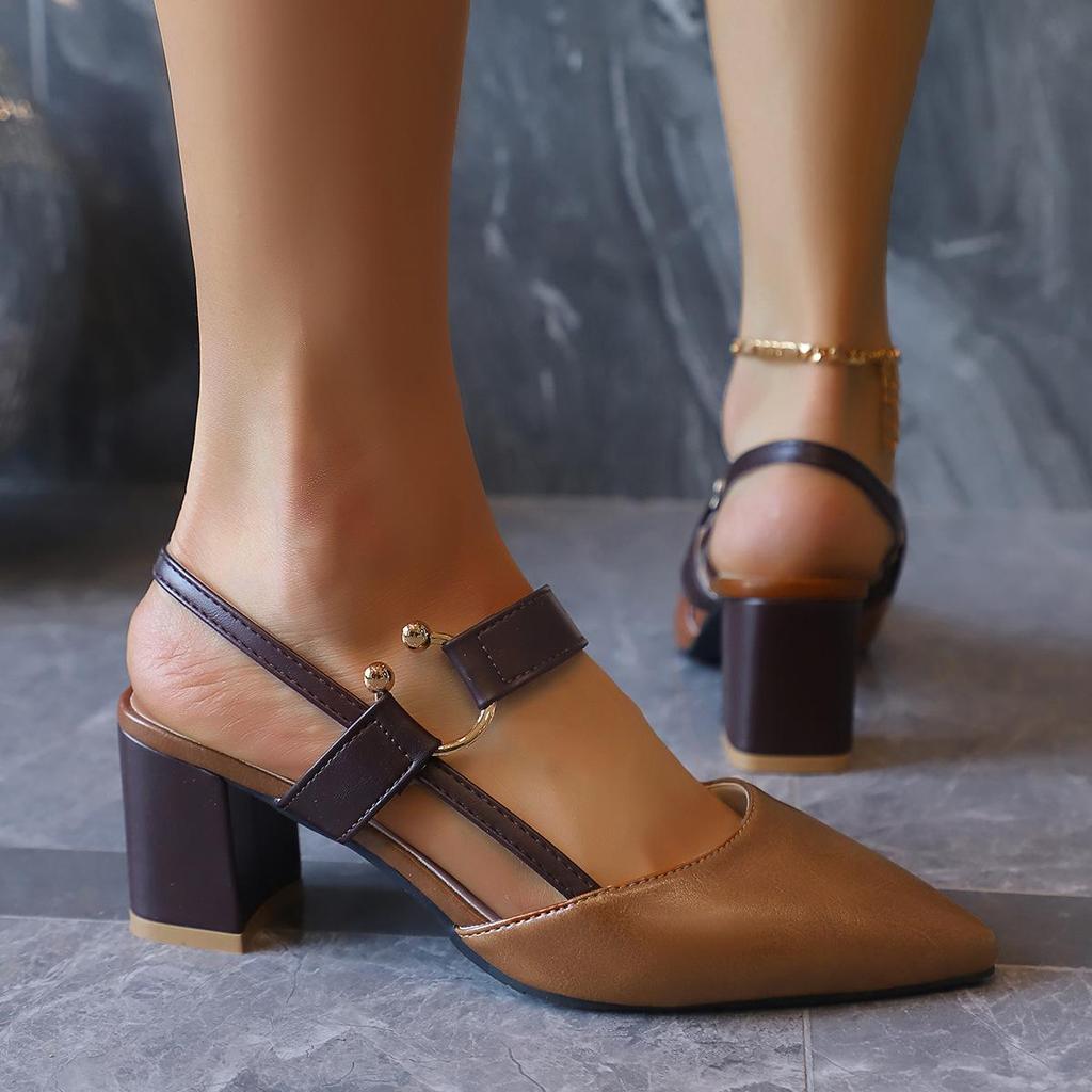 Women's Summer 2025 Pointed-Toe Backless Roman High Heel Sandals with One Strap & Chunky Heel