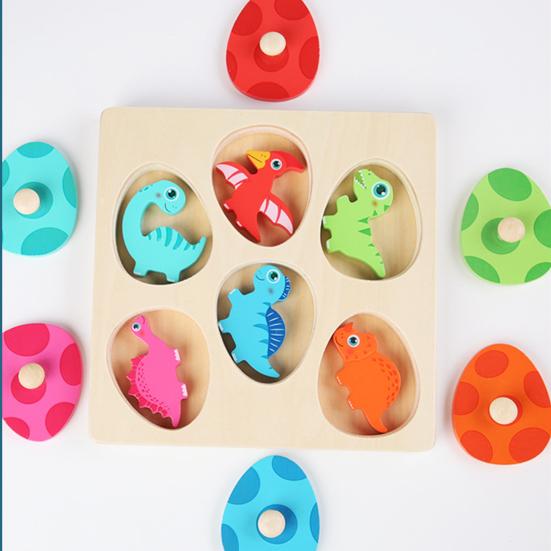 1 Set Holz-Dinosaurier-Puzzlebrett, 3D-Cartoon-Dino-Ei, passendes Brett, Feinmotorik, Farbform, Vorschullernen, pädagogisches Puzzlebrett-Spielzeug