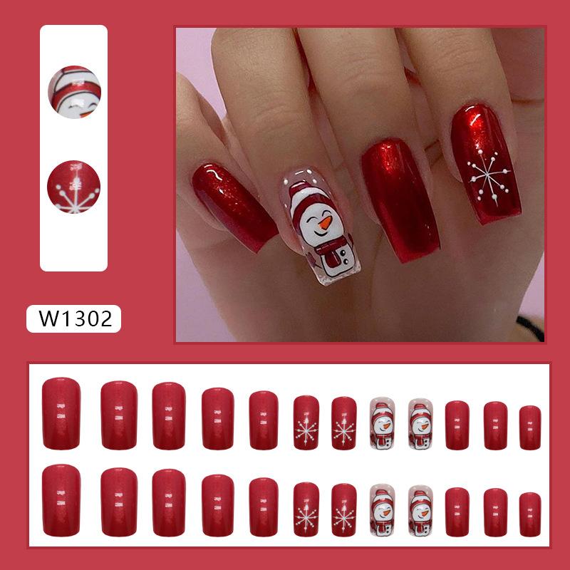 

Medium and long European square aurora red snowman manicure cute Christmas fake nails European and American ins style manicure