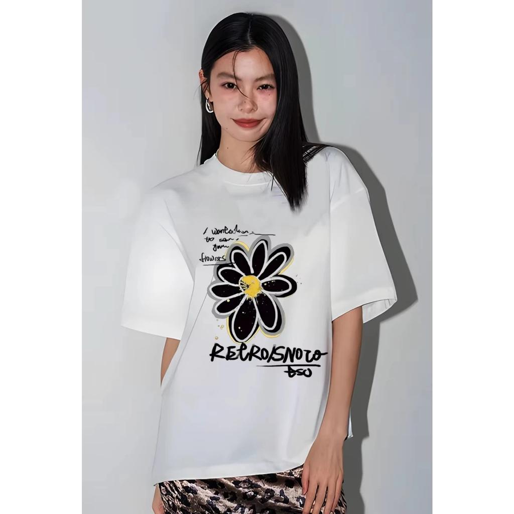 2025 Korean and Japanese Harajuku plus size street flower print pattern T-shirt men's and women's short sleeved Y2K top T-shirt