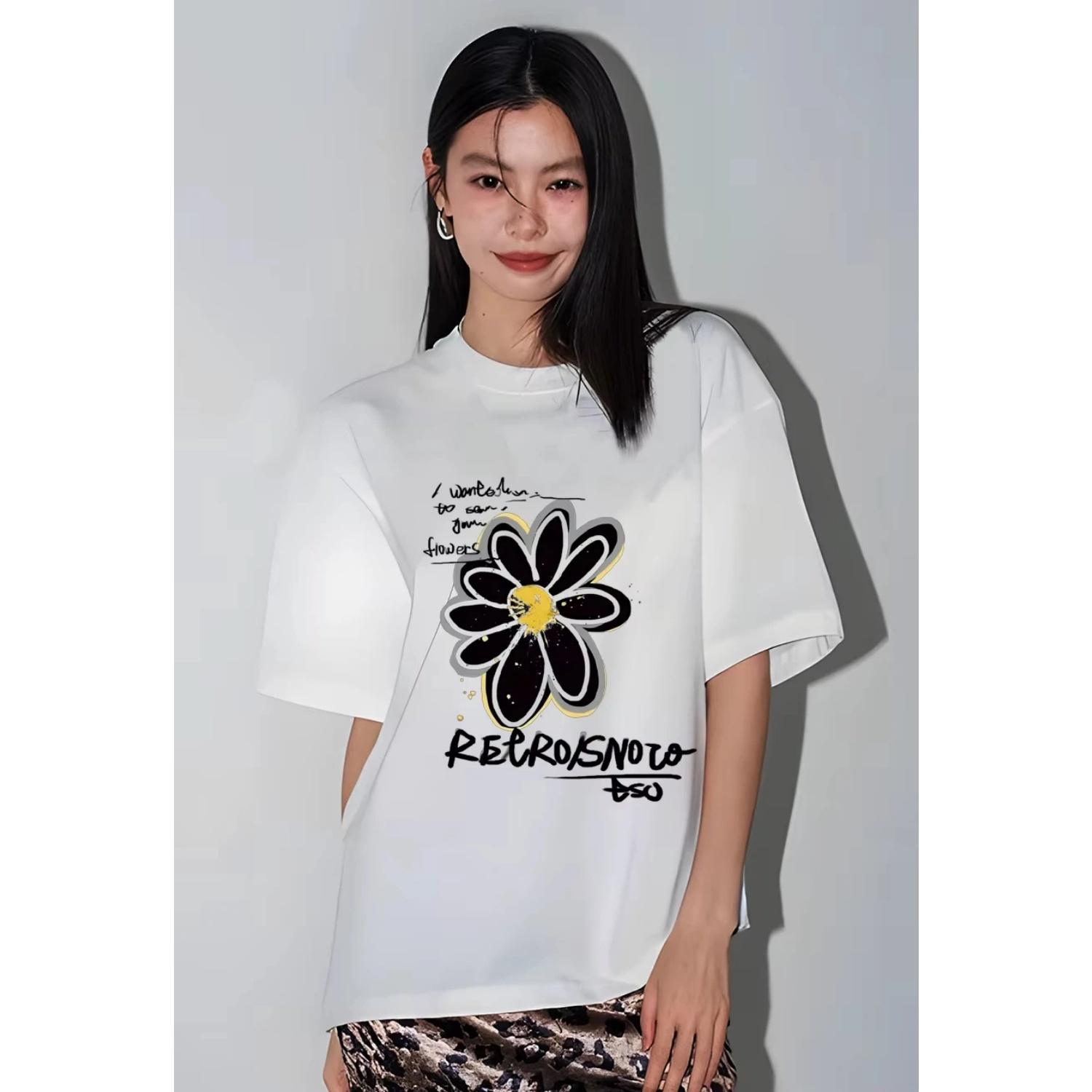 

2025 Korean and Japanese Harajuku plus size street flower print pattern T-shirt men s and women s short sleeved Y2K top T-shirt XXXXXL білий