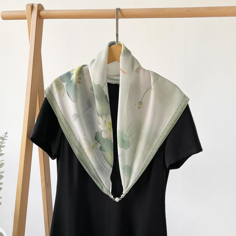 Potato Shiny National Style Silk Scarf Magnetic Buckle Necklace Pendant Square Scarf Neck Scarf Shawl Dual-purpose Sunscreen Scarf