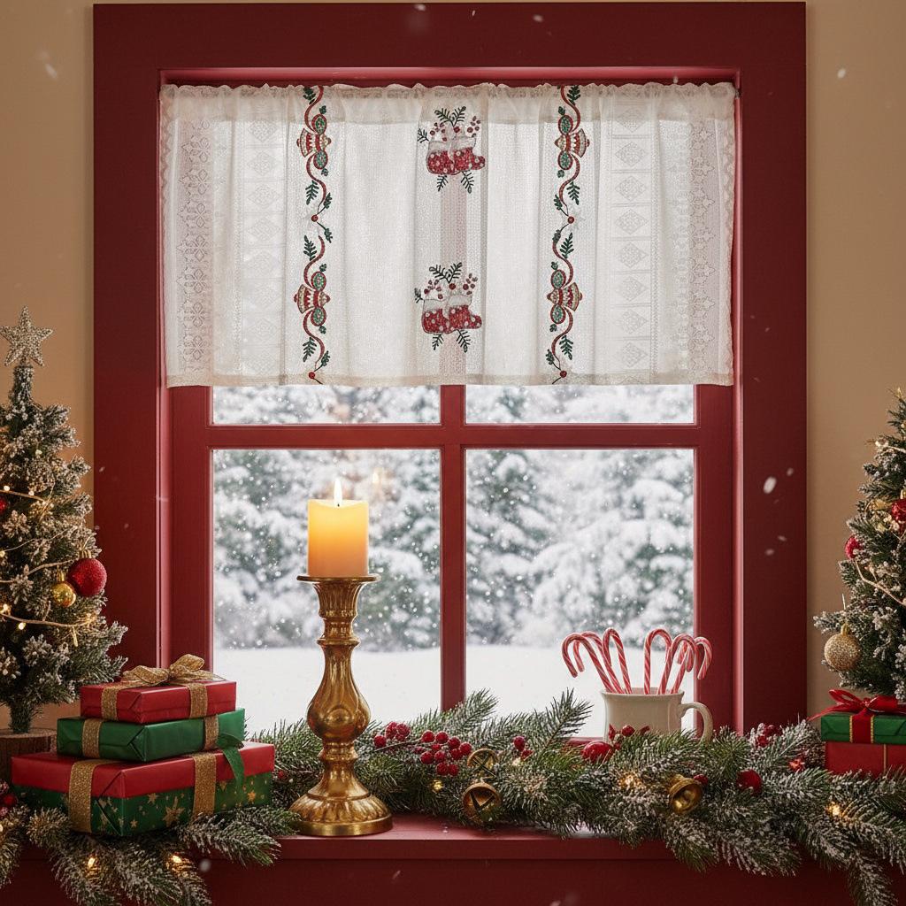 American Christmas Curtain Finished Bell Christmas Theme Embroidered Lace Door Curtain Rectangle Beautification Decorative Coffee Curtain