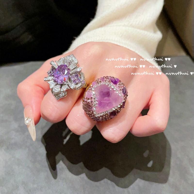 Vintage Floral Ring With Purple Cubic Zirconia 18K Gold Plated Adjustable Open Band Women