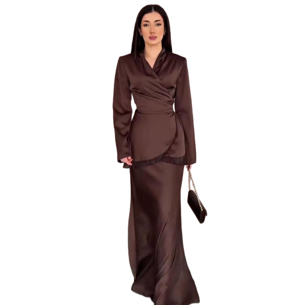 autumn new European and American Amazon cross-border V-neck temperament solid color long skirt long coat two-piece set