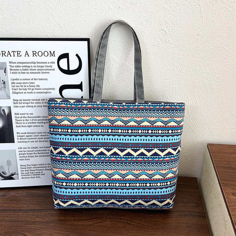 Ethnic Style Canvas Tote Bag With Print Large Capacity For Daily Use