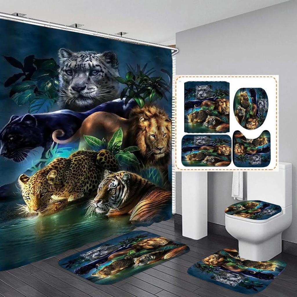 Moon Leopard Cheetah Shower Curtain Sets Bathroom Decor Set Animals Bathroom Shower Curtain And Bathroom Accessories Waterproof