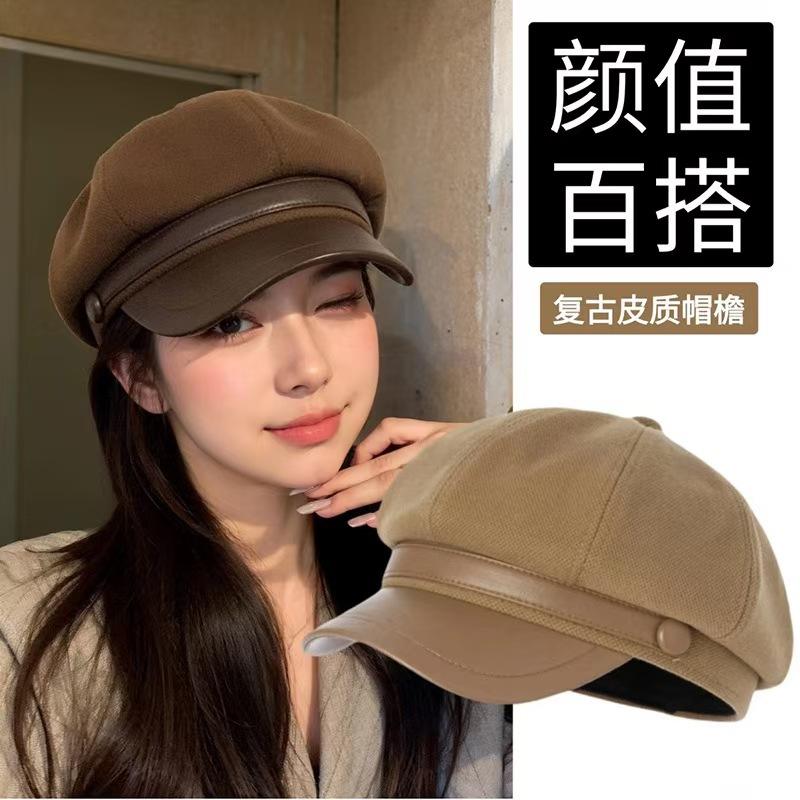 Elegant spring and autumn women's black retro Japanese-style duckbill cap, artist beret, cloud-shaped octagonal hat that makes the face look smaller
