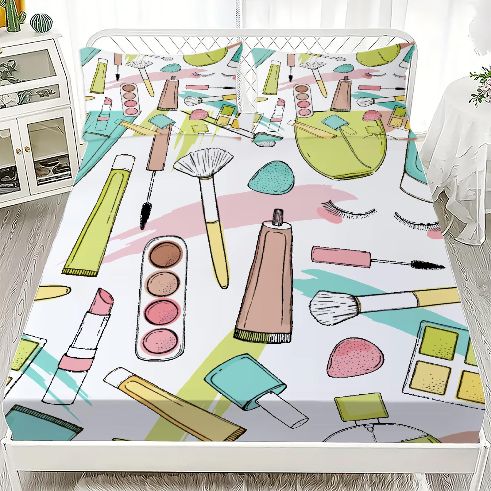 

3pcs White Fitted Sheet Set Makeup Tools And Cosmetics Pattern Printed 100%Polyester Flat Sheet With Pillowcases Room Decoration 99x190x25cm