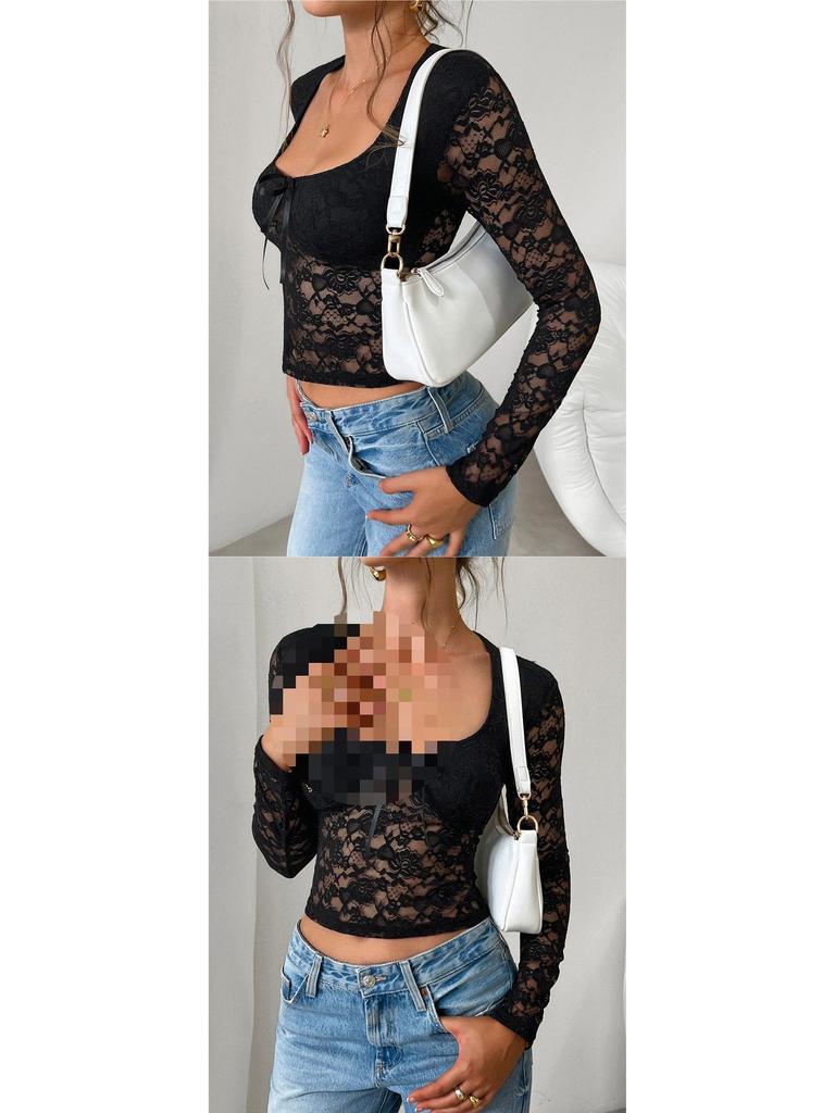Spring/Summer European-American Sexy Slim Fit Hollow Out Long Sleeve Lace Top