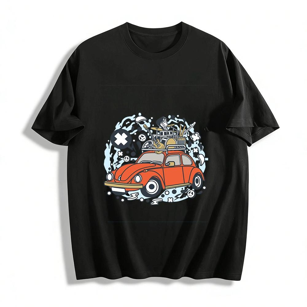 Vintage Beetle With Musical Instruments Rock Style Print T-Shirt Pure cotton T-shirt