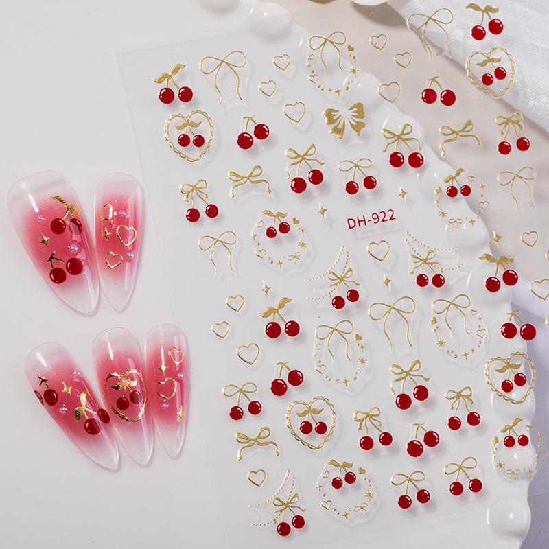 Fresh Sweet Fruits Strawberry Cherry Bowknot Love Heart Bow 5D Nail Art Stickers Self Adhesive Decorations Nail Manicure Decal