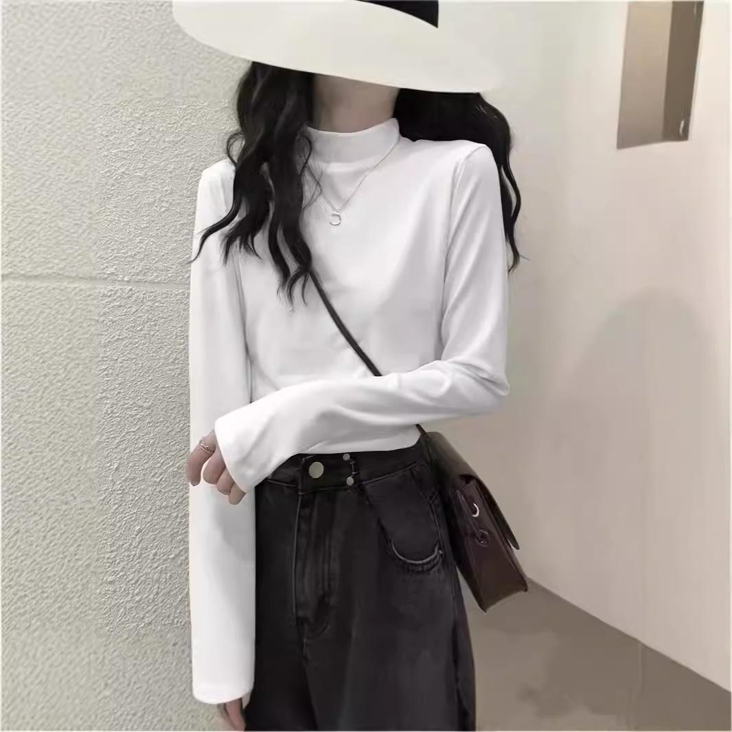 

Осенняя приталенная женская базовая рубашка с длинным рукавом и полувысоким воротником, однотонная, в корейском стиле M белый