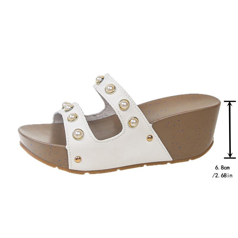 Pearl Thick-soled Shoes One-shoulder Slippers Women's Fashionable Wedge Heels Riveted Toe-exposed Beach Flip-flops