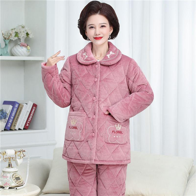 

Хлопковая пижама женская зимняя новая трехслойная утепленная домашняя одежда кораллового бархата домашняя одежда для пожилых матерей пижамы наряд XL