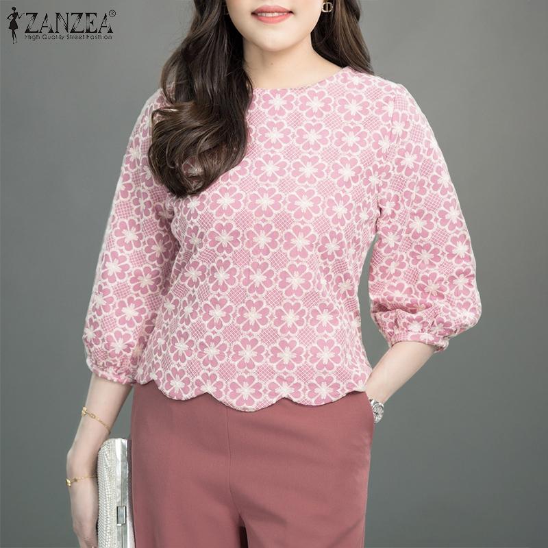 ZANZEA Women Casual Round Neck 3/4 Sleeve Loose Print Blouse