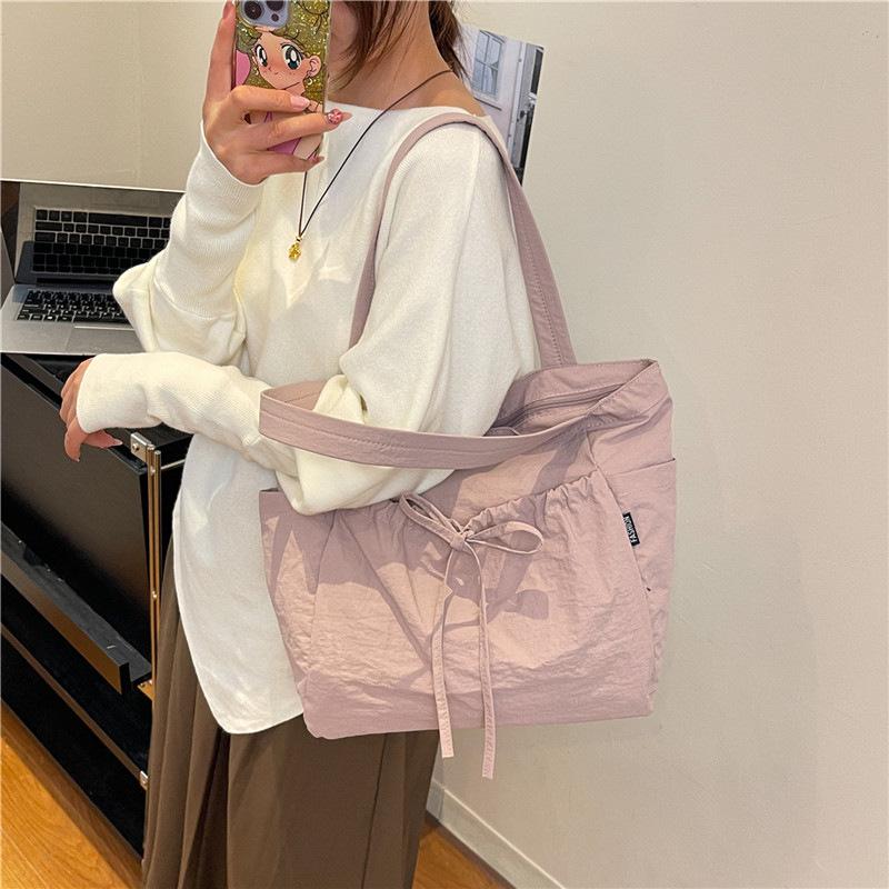 Fashionable Canvas Shoulder Handbag with Bow Accent and Wrinkled Texture – Large Capacity Tote/School Bag