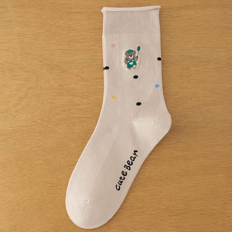 Mid-Calf Cotton Socks with Lace Ruffle, Embroidery & Cartoon Animal Design - Korean Academy Style, Autumn/Winter Collection
