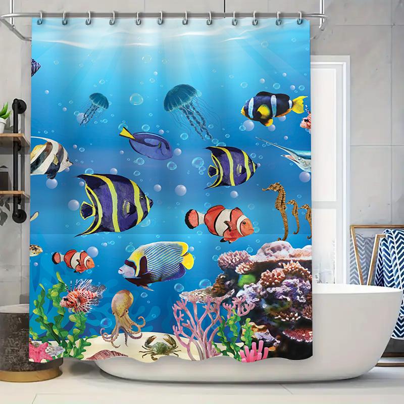 

Bright Ocean World Shower Curtain Beautiful Blue Fish Coral Print For Bathroom Decorations Waterproof Fabric, Modern Home Furnis W60H190(CM)-1 Pcs