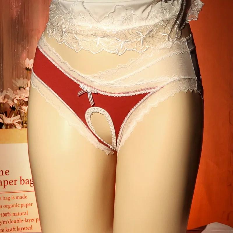 Women Sexy Panties Lace Open Crotch Underwear Seductive Low Rise Briefs Erotic Underpants See Through Lingerie Sissy Clothing