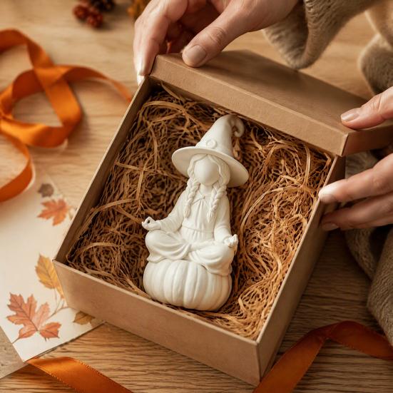 Indoor Autumn Window Displays 3D Printed Meditating Witch Figurine on Pumpkin Base, Minimalist Decorative Hat Sculpture Halloween Desktop Statue, DIY