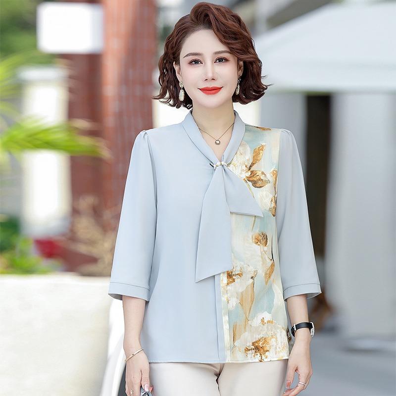 Women Light Green Satin Bow Tie V Neck Long Sleeve Floral Print Blouse XL