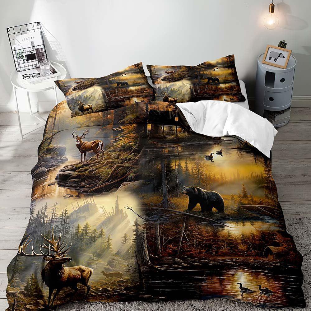 Beardeer Woodland Country Cottage Three-Piece Quilt Cover Digital Printing Bedding Set Bed Cover