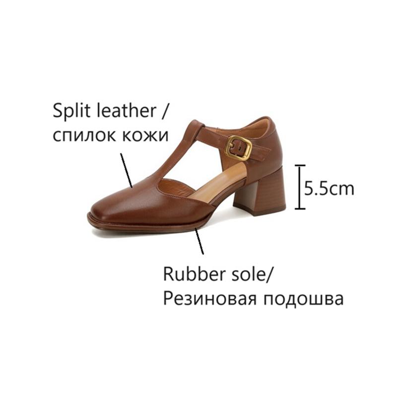 Fashion NEW Summer Women Sandals Split Leather Shoes for Women Square Toe Chunky Heel Shoes Retro Mid-heel Mary Janes Retro Black Shoes