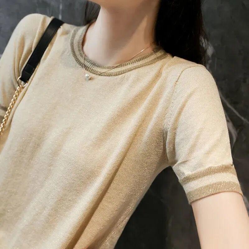 Color Blocking Walking Bright Silk Short Sleeved Knitted Sweater for Women Light Mature Pink Single Breasted Bottom Top