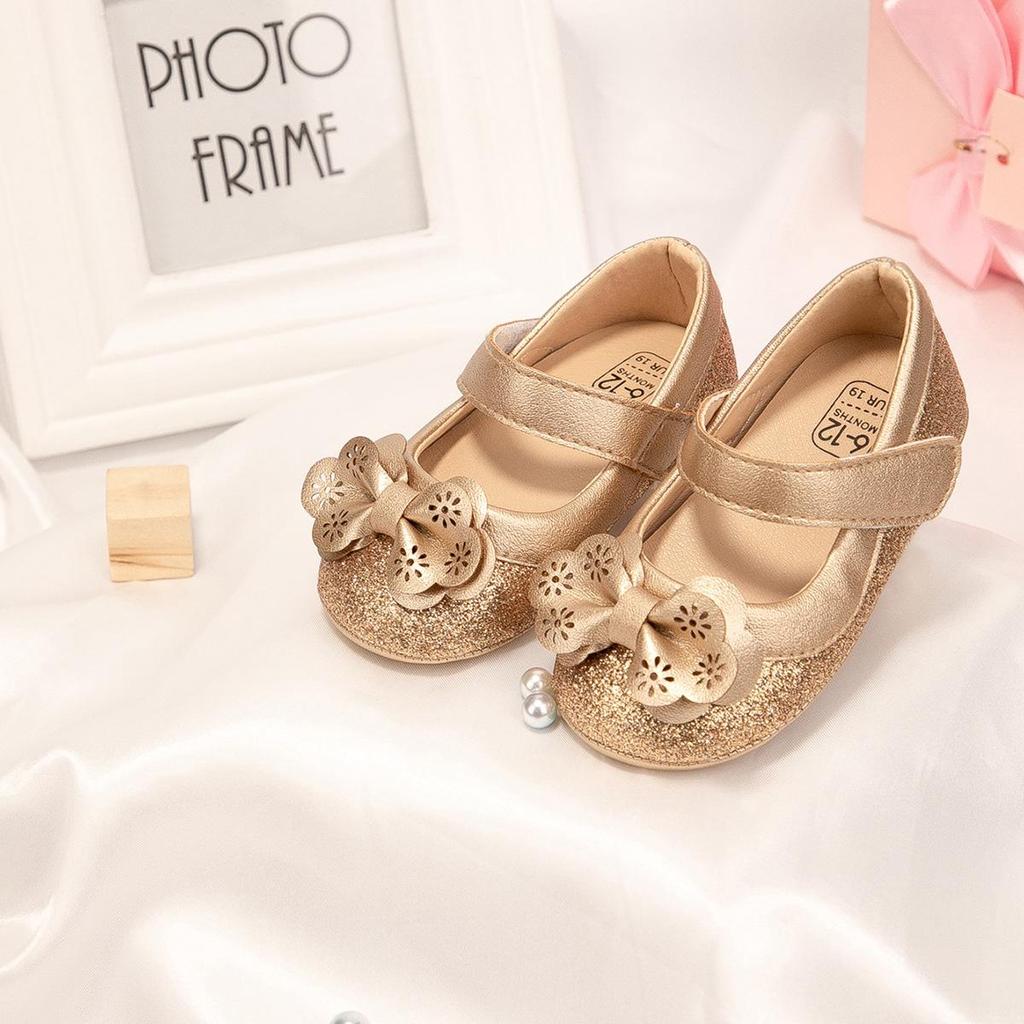 Gold Edge Sequin Bow Princess Toddler Shoes - Non-slip Soft Sole Baby Footwear