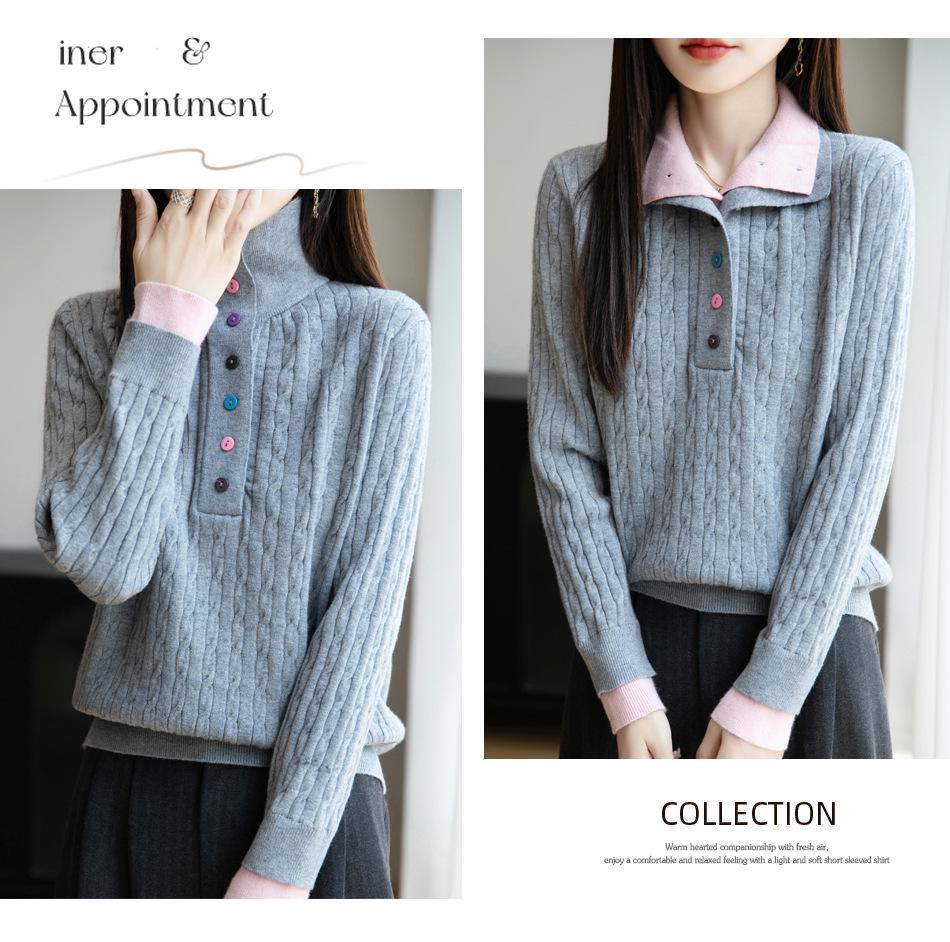 High-End Women's Retro Cable Knit Sweater: Two-Piece, Half-Open Collar, Korean Style, Autumn/Winter Slimming Knitwear