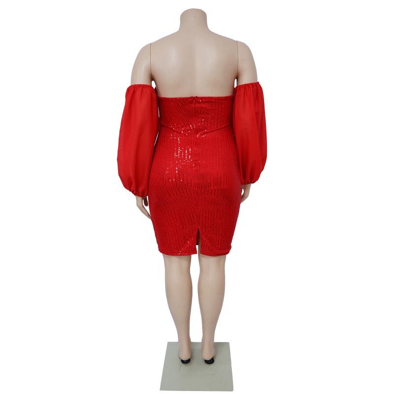 Vestido Midi Bodycon Preto com Lantejoulas, Ombro a Ombro e Manga Bufante, Tamanho Grande