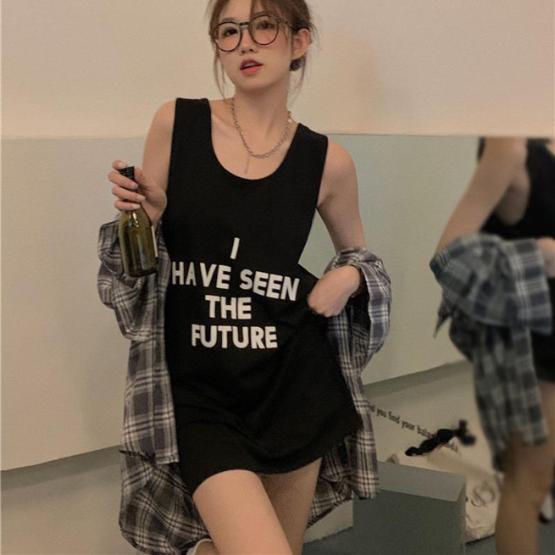 

Sleeveless Mid-length T-shirt Vest Summer Round-neck Sexy Letter Print Versatile Halter Top 2XL чёрный