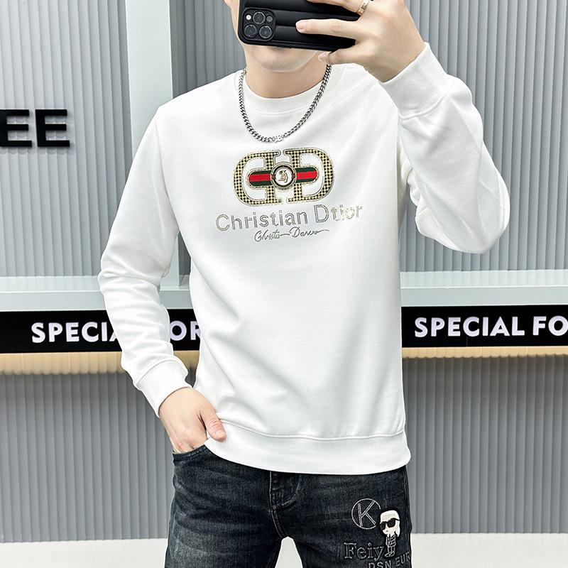 European Fashion Men's Long Sleeve Autumn/Winter Round Neck Sweater - White Casual with Hot Diamond Embossed Design