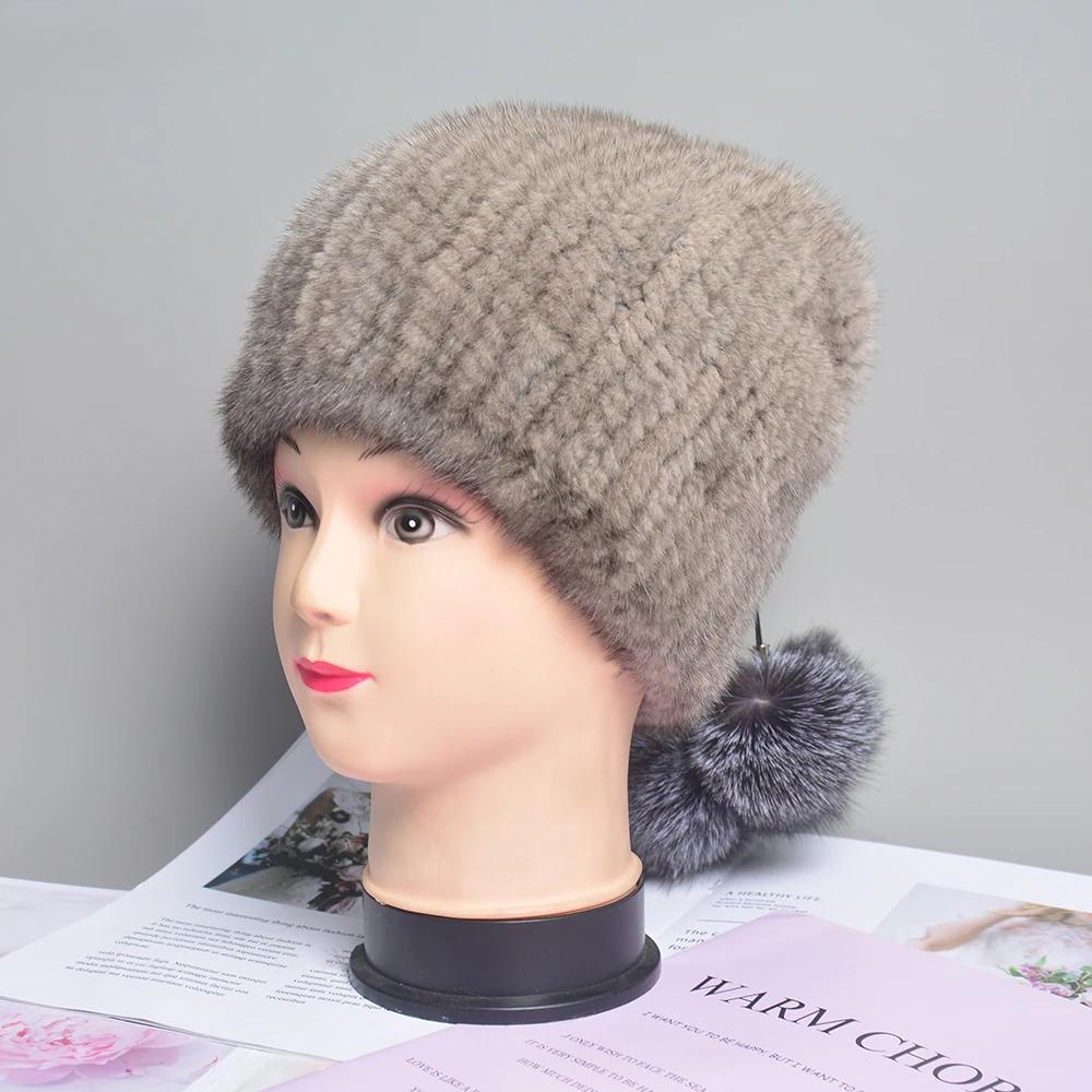 Natural Mink Fur Hat for Women New Winter Warm Hats with Balls Luxury Lady Knitted Stretch Real Mink Fur Christmas Hat
