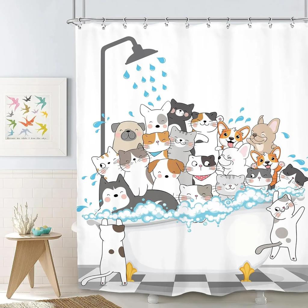 Lustiger Katze und Hund Duschvorhang Kinder Cartoon Niedliche Haustiere Badewanne Regenduschvorhänge Polyester Badezimmerdeko mit Haken