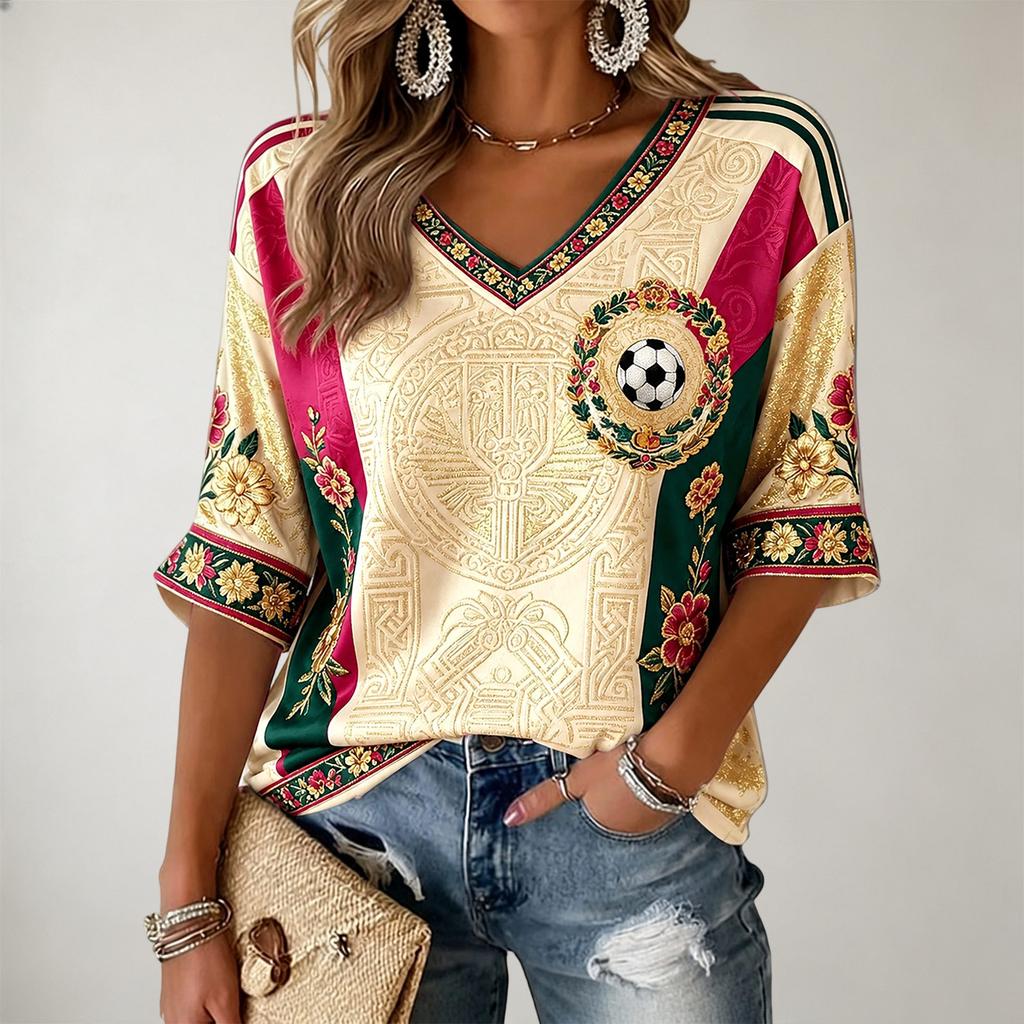 Women's V-Neck Short Sleeve T-Shirt with Graphic Print for Casual Wear