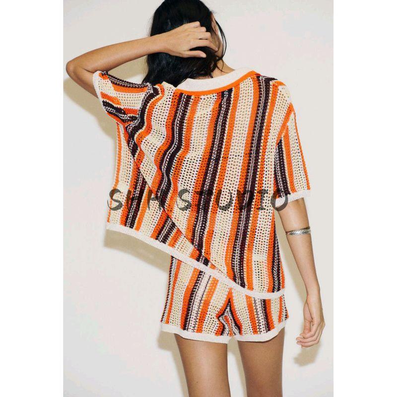 Minimalist Style Knitting Polo Shirt Collar Short Sleeve Jacket 3920260 Knitting High Waist Casual Shorts 3920261