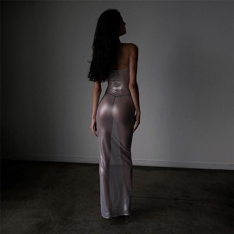 2024 Summer Women's Silver Mesh Bodycon Dress - Spaghetti Strap, Sexy, See-Through, Nightclub Fashion