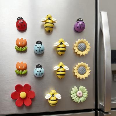 10Pcs Animal Flower Refrigerator Magnet Resin Ladybird Bee Tulip Sunflower Fridge Magnet Home Office Kitchen Whiteboard Locker Decoration Magnet