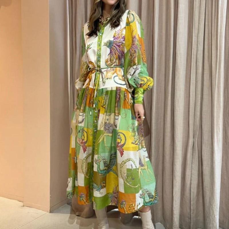 European American Women s Clothing Printed Lapel Elegant Lantern Sleeves Lacing Dress S