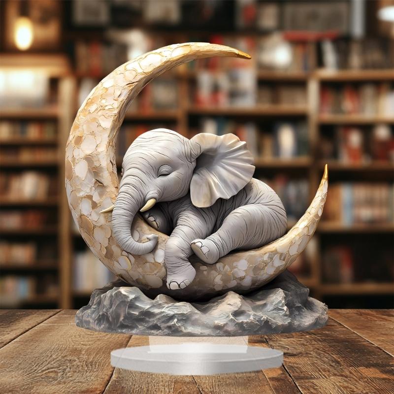 Elephant Lying On Moon Figurine Safe 2D Flat Acrylic Craft Ornament Easy Display Bedroom Desk Decoration Gift
