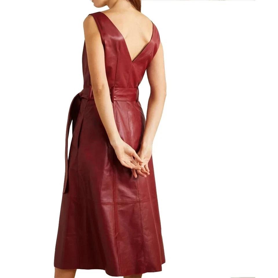 Women's Dress Real Lambskin Leather Red Stylish Elegant Handmade Genuine Fit