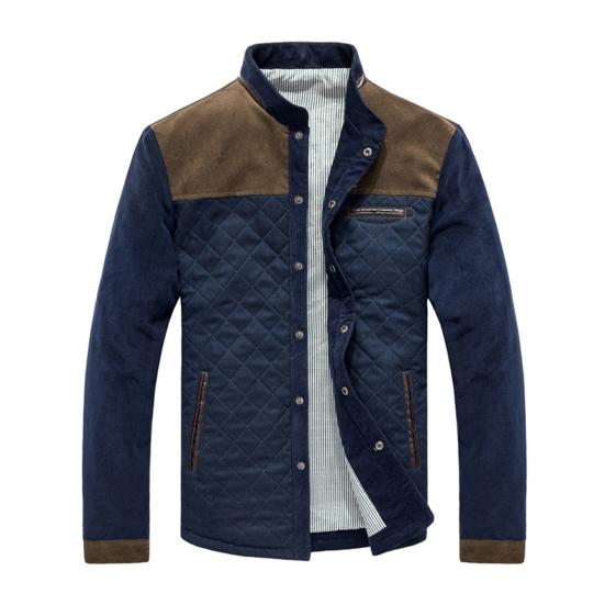 

Мужская зимняя вельветовая приталенная куртка с длинным рукавом, воротником-стойкой, цветными блоками и застежкой на пуговицы M