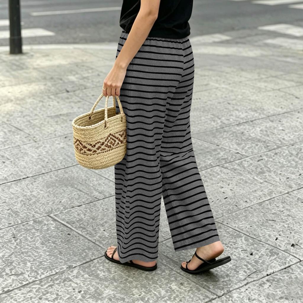 Women’s Relaxed Fit Striped Print Wide Leg Drawstring Pants Casual Lounge Elastic Waist Trousers with Pockets for Everyday Wear