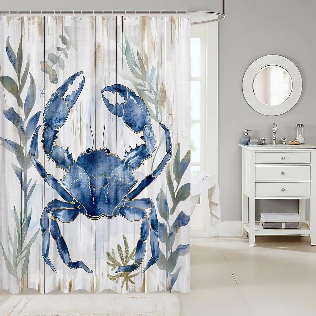 Blue Crab Nautical Theme Waterproof Shower Curtain 180x200cm - Marine Life Print Fabric Bath Curtain for Coastal Home Decor