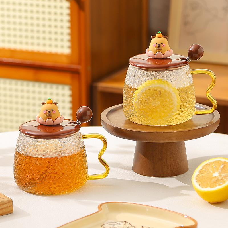 Capibara glass cup high temperature resistant mug with lid spoon summer cup girls home breakfast