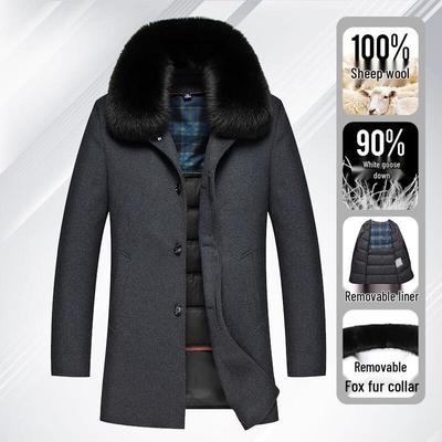 Men's Winter Wool Overcoat with Detachable Fox Fur Collar & Down Liner