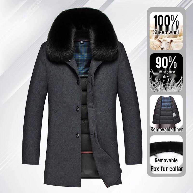 

ROMON Men s Winter Wool Overcoat with Detachable Fox Fur Collar & Down Liner 2XL / 185