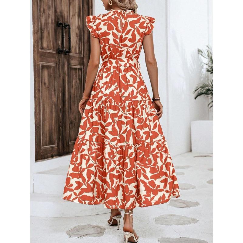 VEZFAA Damenmode Sommer Frühling Blumenmuster Druck Kurzarm Halber Rollkragen Hohe Taille Freizeitkleider